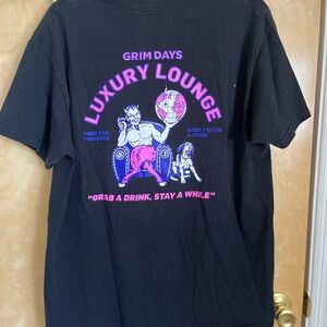 Black 'Luxury Lounge' Graphic Tee with Pink & Purple Print